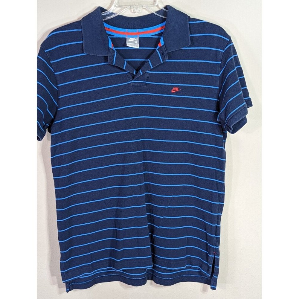 Y2k Vintage NIKE Mens Polo Striped Size XL Navy Blue Light Blue Embroidered